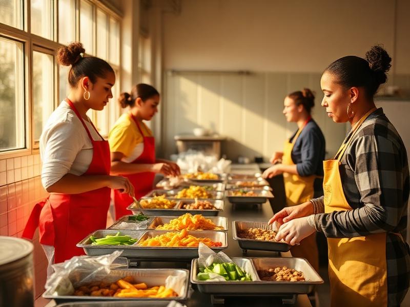 Volunteers serving meals together at a community kitchen